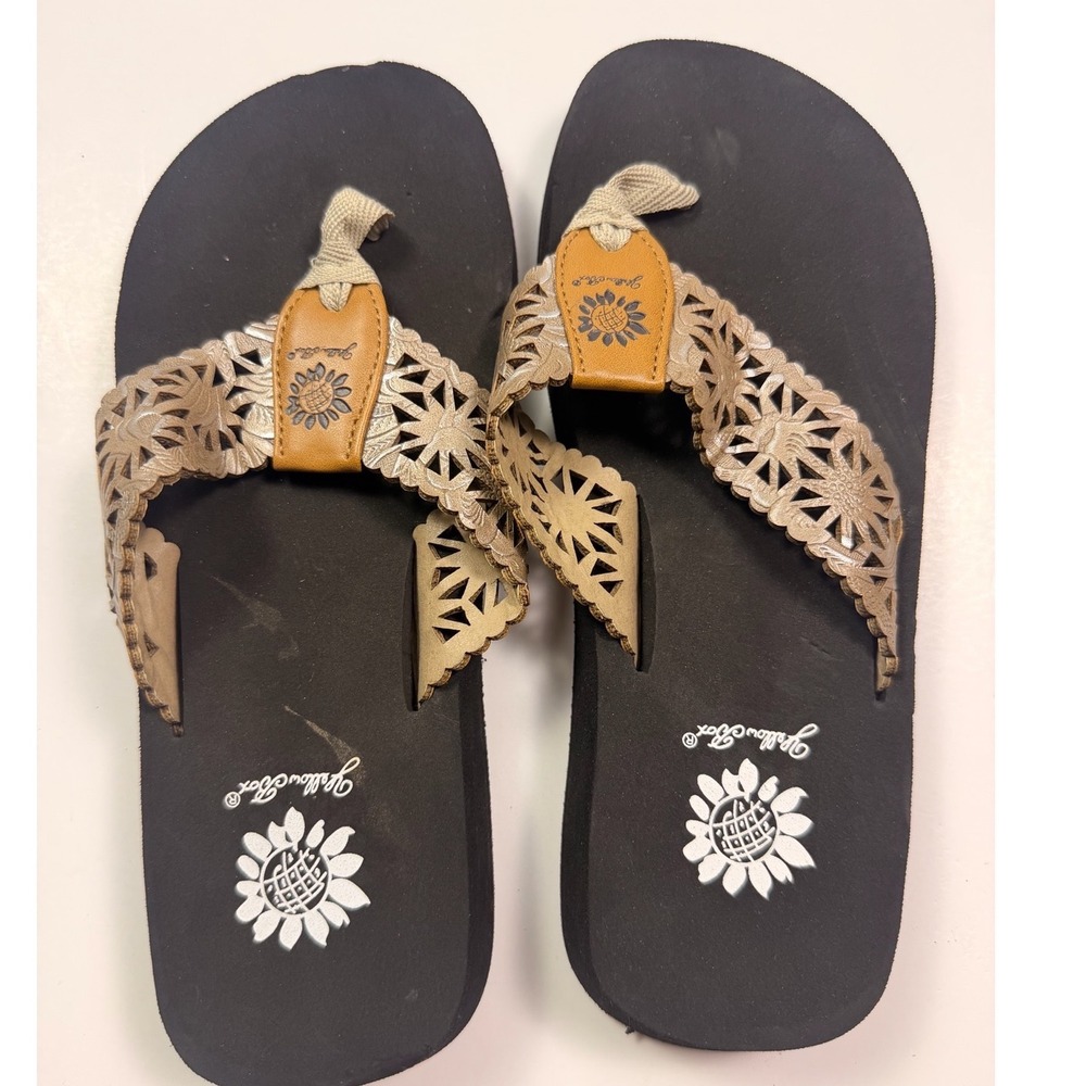 Yellow Box Theros Black Gold Laser Cut Platform Flip Flop Sandals Womens 7M
